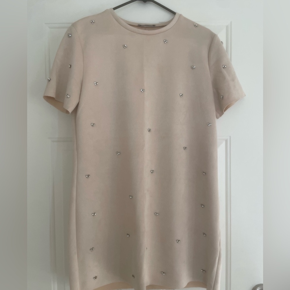 Zara Tan Sheath Mini Dress Short Sleeve Crew Neck